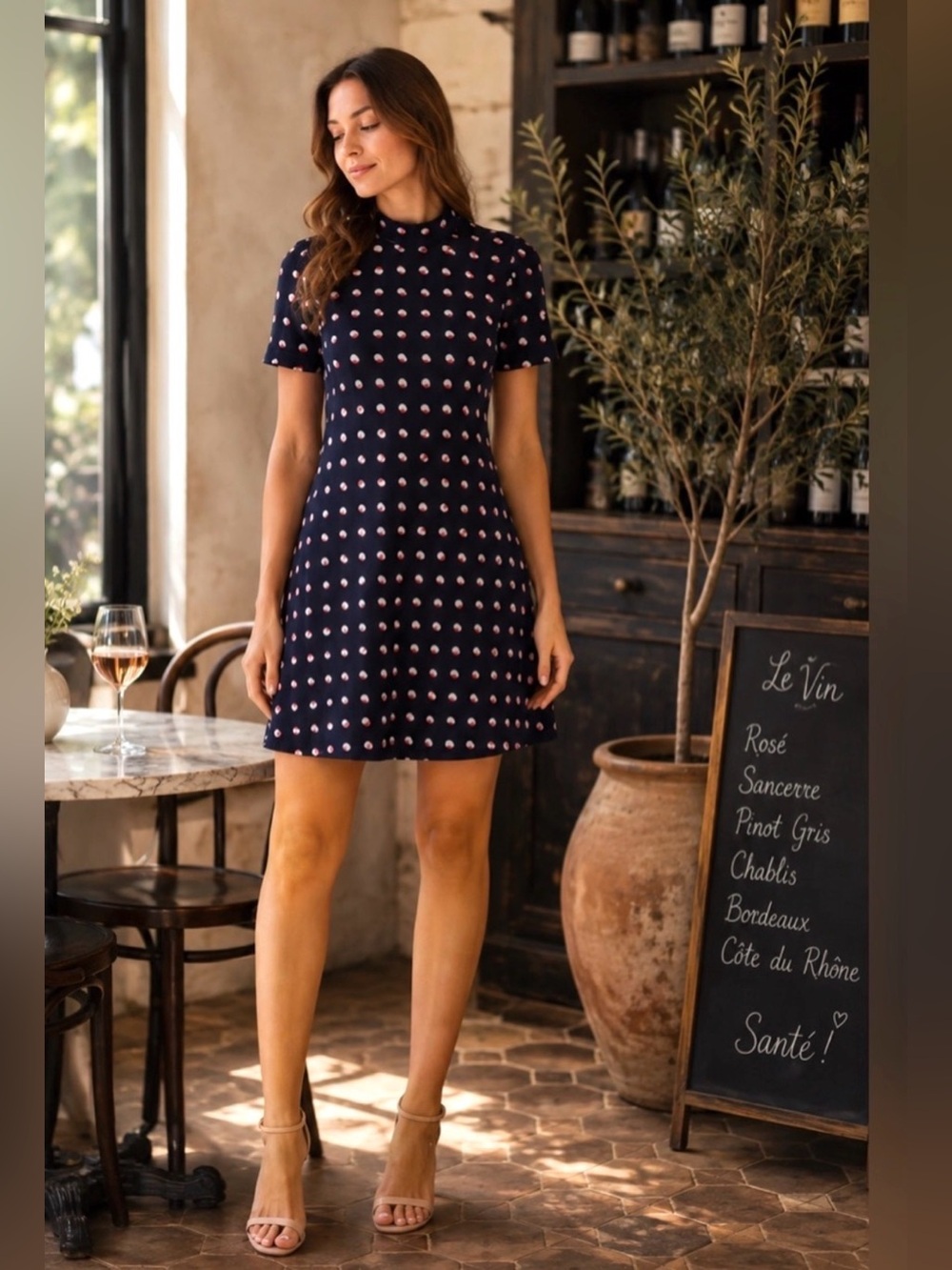 BCBGeneration Navy Dot Mock Neck A-Line Mini Dress XS